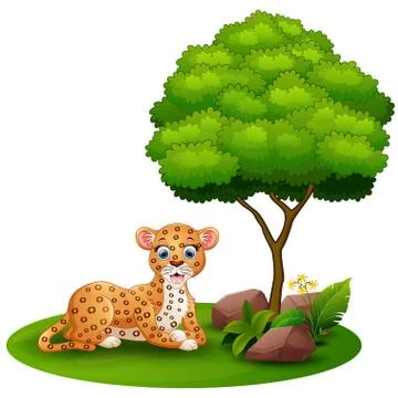 Cartoon leopard lay down under a tree on a white background Stock Illustration