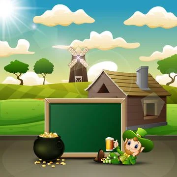 Cartoon Leprechaun holding a mug beer with chalkboard and pot of gold coins Stock Illustration