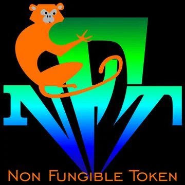 Cartoon lettering of the nft logo with a monkey on a dark background Stock Illustration