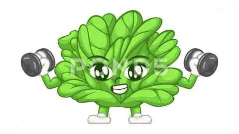 Cartoon Lettuce Character Lifting Weights - Fitness Mascot Illustration PSD Template