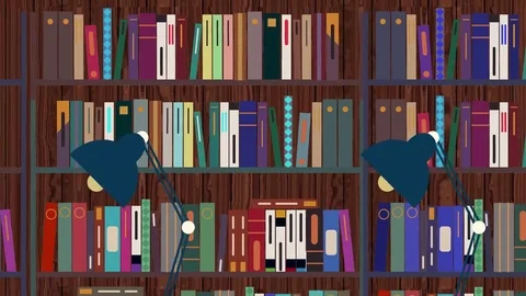 Cartoon Library With Book Shelves Reading Lamps and Globe Stock Footage 73491153
