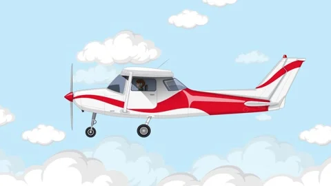 Cartoon light aircraft flying through clouds in sunny blue sky with motion .. Stock Footage 332645942