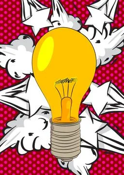 Cartoon Light Bulb, comic book Idea. Retro vector comics pop art design. Stock Illustration