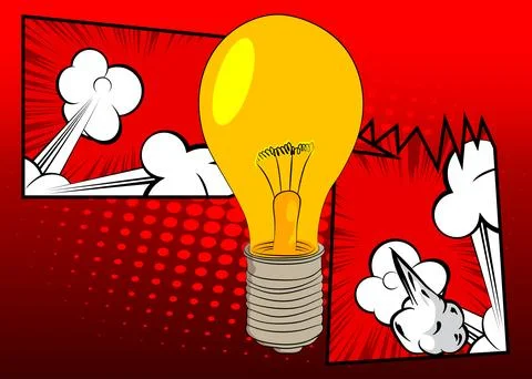 Cartoon Light Bulb, comic book Idea. Retro vector comics pop art design. Stock Illustration