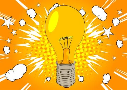 Cartoon Light Bulb, comic book Idea. Retro vector comics pop art design. 스톡 일러스트