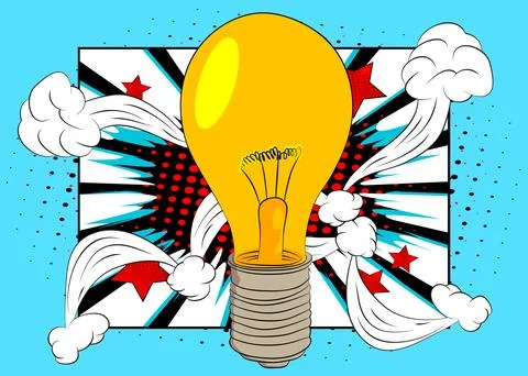 Cartoon Light Bulb, comic book Idea. Retro vector comics pop art design. Stock Illustration