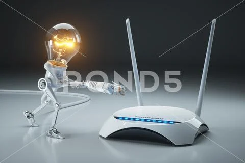 Cartoon light bulb robot attaches LAN cable to Wi-Fi router. Internet connect Stock Illustration