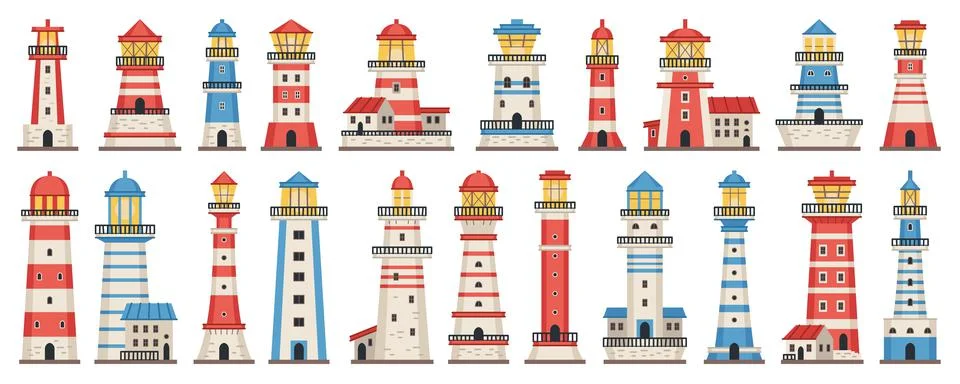 Cartoon lighthouse vector set. Searchlight flat towers of different types Stock Illustration