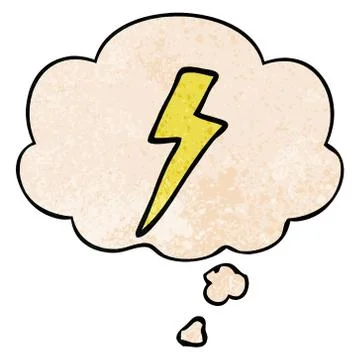 Cartoon lightning bolt and thought bubble in grunge texture pattern style Stock Illustration