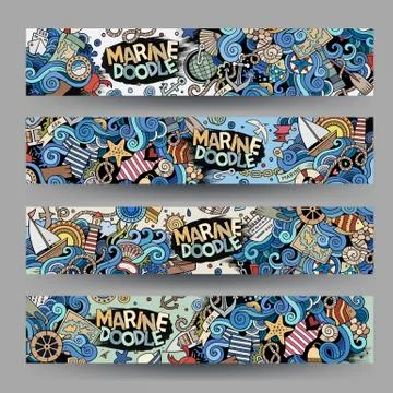 Cartoon line art vector hand-drawn marine nautical banners Stock Illustration