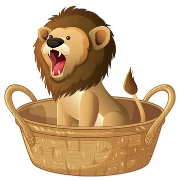 Cartoon Lion Cub Roaring While Sitting Inside a Woven Wicker Basket Stock Illustration