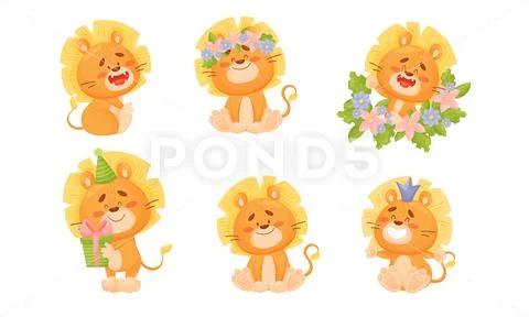 Cartoon Lion Cub Sitting and Smiling Showing Sharp White Teeth Vector Set Stock Illustration