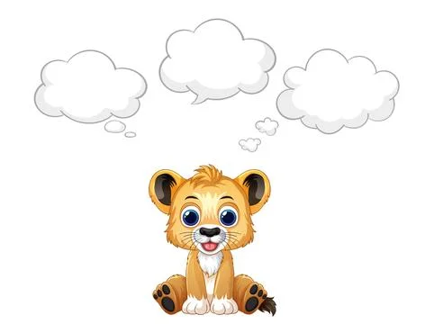 Cartoon Lion Cub Sitting with Empty Thought Bubbles Vector Illustration Illustrazione stock