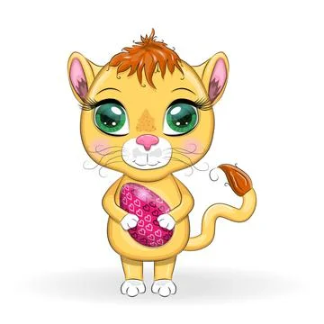 Cartoon lion with Easter egg. Easter holiday, greeting card Stock Illustration