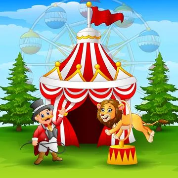 Cartoon lion jumping through ring on the circus tent background Stock Illustration