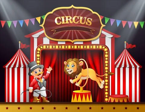 Cartoon lion jumping through ring on the stage arena Stock Illustration