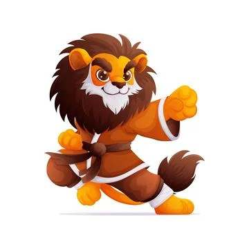 Cartoon Lion Practicing Martial Arts, Kung Fu. Funny Animal Character Training. Stock Illustration