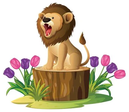 Cartoon Lion Roaring on Tree Stump Surrounded by Colorful Tulips Stock Illustration