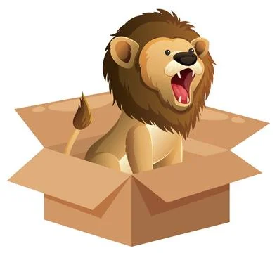 Cartoon Lion Roaring While Sitting Inside an Open Cardboard Box Illustrazione stock