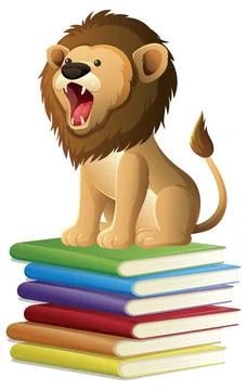 Cartoon Lion Roaring While Sitting on a Stack of Colorful Books Stock Illustration