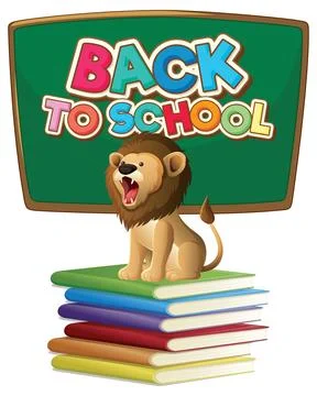 Cartoon Lion Sitting on Stack of Books with Back to School Chalkboard イラスト素材