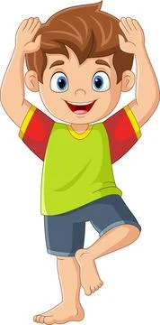 Cartoon little boy doing tree yoga pose Stock Illustration