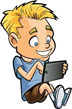 Cartoon of little boy using a computer tablet Stock Illustration