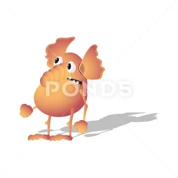Cartoon little eared and big-eyed monster with a big trunk and teeth. vector Stock Illustration