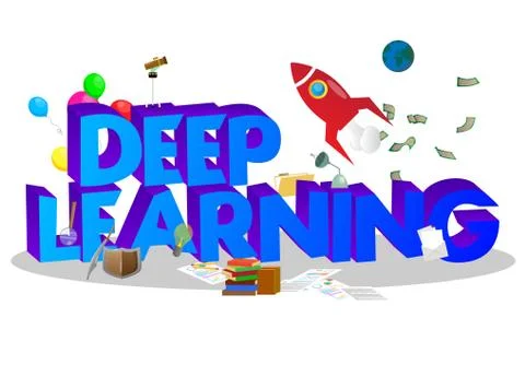 Cartoon little objects with word Deep Learning. Miniature scene of books, pap Illustrazione stock