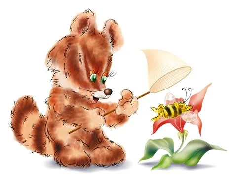 Cartoon little raccoon catches a bee lying on a flower. Stock Illustration