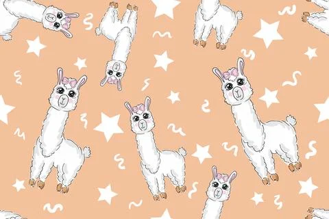 Cartoon Llama Alpaca Seamless Pattern. Hand Drawn Elements. Nursery Childish Stock Illustration