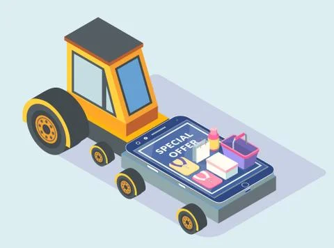 Cartoon loader carries large smartphone with goods on the screen. Online Illustrazione stock