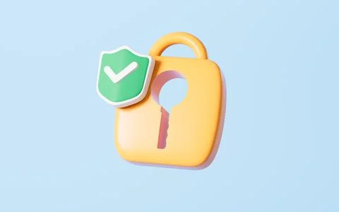 Cartoon lock with shield, unlock and permission concept, 3d rendering. Illustrazione stock