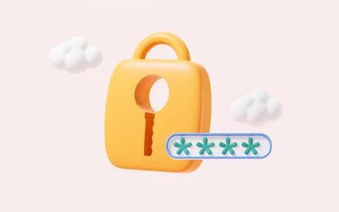 Cartoon locked padlock with password, security and safety. Cyber privacy co.. Stock Illustration