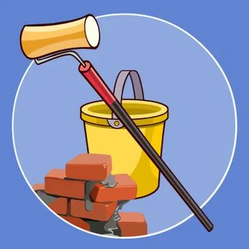 Cartoon logo with bricks bucket and paint roller Stock Illustration