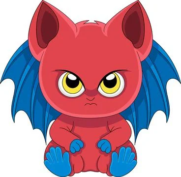 Cartoon logo of a cute red devil with blue wings with an angry face Stock Illustration