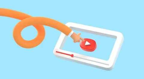 Cartoon long hand push red button on video player interface. Finger presses on Stock Illustration