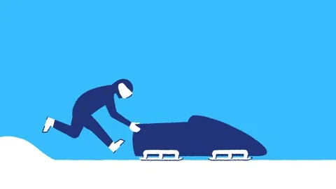 Cartoon loop animation. Bobsledder blue man with helmet jumps into bobsled Stock Footage 324908193