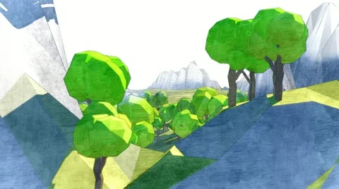 Cartoon low poly world flying through Intro Forest House Lighthouse Castle  Stock Footage 66313199