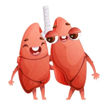Cartoon Lungs Characters Hugging, One Happy and Smiling, the Other Feeling Tired Stock Illustration
