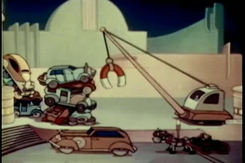Cartoon of machine with huge magnet picking up cars in junk yard Stock Footage 11346350