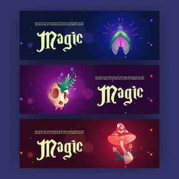Cartoon magic banners with witch esoteric items Stock Illustration
