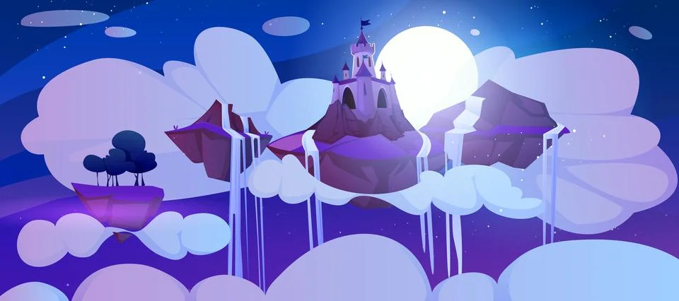 Cartoon magic castle float on piece of rock at night Stock Illustration