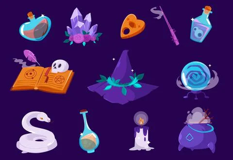 Cartoon magic items, elements, isolated icons set Stock Illustration