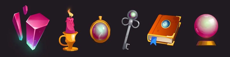 Cartoon magic items, isolated witch stuff set Illustrazione stock