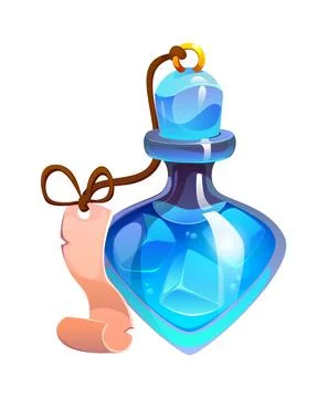 Cartoon magic potion bottle filled blue liquid Stock Illustration
