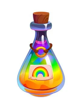 Cartoon magic potion bottle with glowing rainbow Stock Illustration