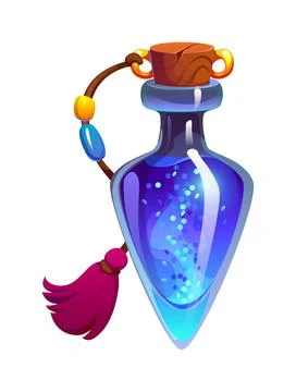 Cartoon magic potion bottle with glowing glitter Stock Illustration
