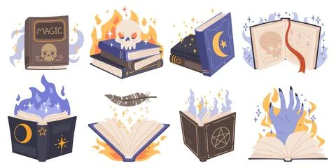 Cartoon magic spell books. Wizard manuscripts with different mystery effects 스톡 일러스트