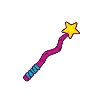 A cartoon magic wand featuring a yellow star and a wavy purple handle with bl Stock Illustration